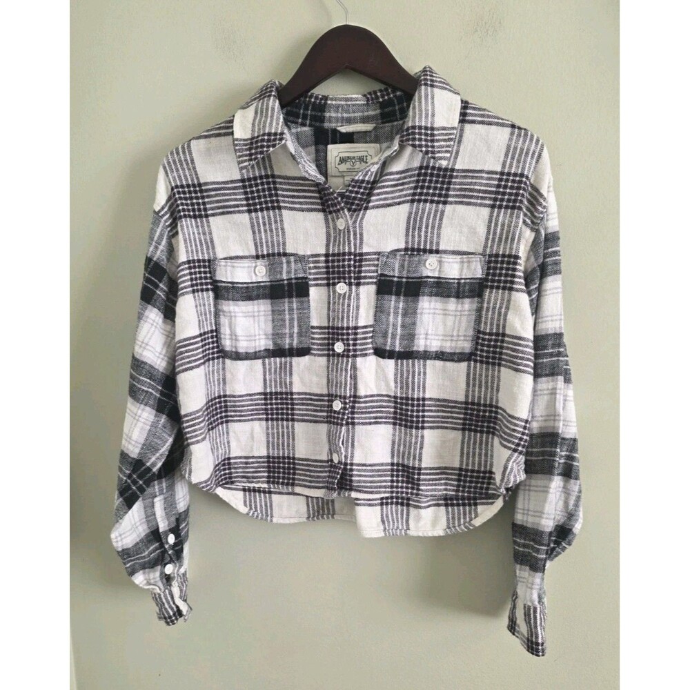 American Eagle Outfitters Cropped Flannel Shirt Women's S/P/CH Blk/Wht